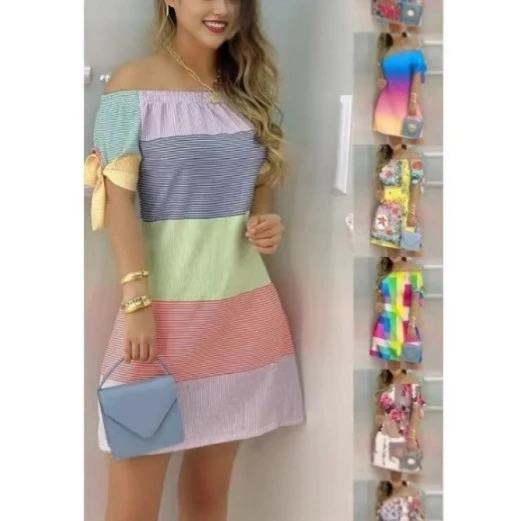 Fashionable Sexy Women's Printed Dress Independent Station Cross-Border Straight Cut Elastic Waist Princess Style Polyester F...
