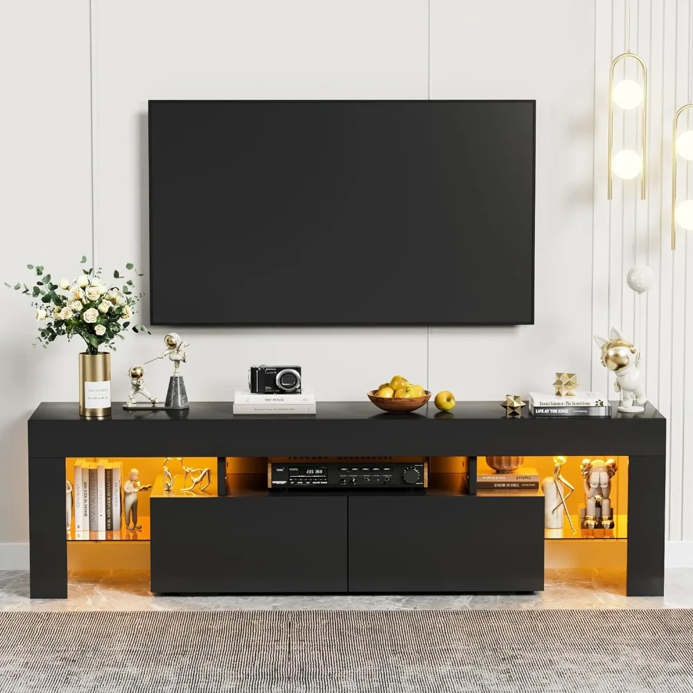 Moderner LED-TV-Ständer für Fernseher bis 70 Zoll mit Glas regalen und Schublade, Gaming Entertain ment Center