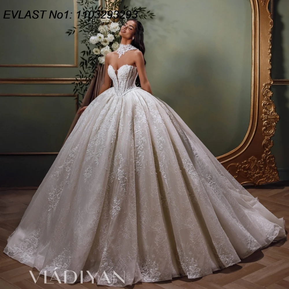 

EVLAST индивидуальное блестящее свадебное платье трапециевидной формы с кружевной аппликацией и бисером, свадебное платье невесты Robe De Mariee TBD45