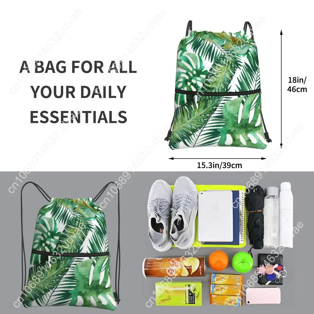 Monstera Banana Palm Leaf Portable Backpacks Drawstring Bag Casual Drawstring Bundle Pocket Storage Bags For School Students