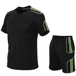 Men's sports set, fitness set, running equipment, morning running set, 2024 summer quick drying short sleeved T-shirt+shorts