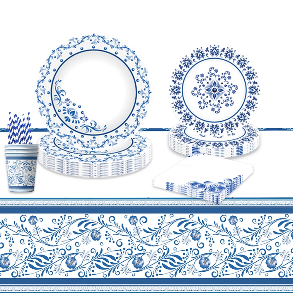 Blue&White Porcelain Theme Birthday Decorations Party Disposable Tableware Paper Napkins Cups Plates Tablecloths Straw