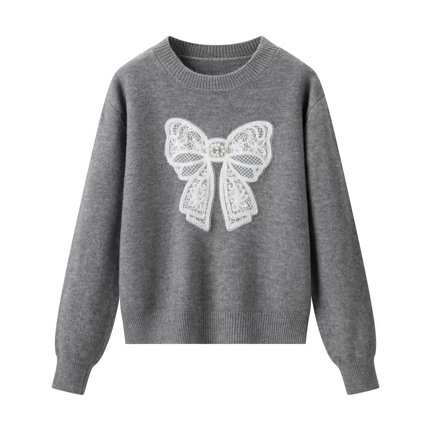 

Женский модный вязаный свитер, осень-зима, модный свободный однотонный теплый пуловер с бантом, топ с круглым вырезом и длинными рукавами