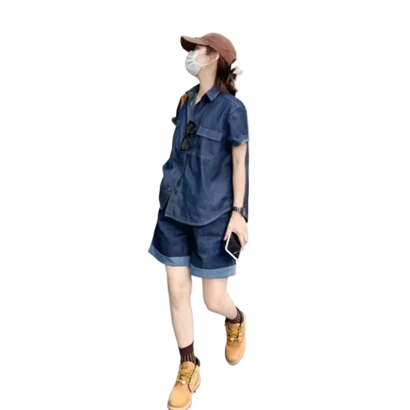 Hong Kong Style Retro Casual Denim Suit Women's Summer New Niche Loose and Thin Design Short-sleeved Shirt Shorts [Hot-selling ]