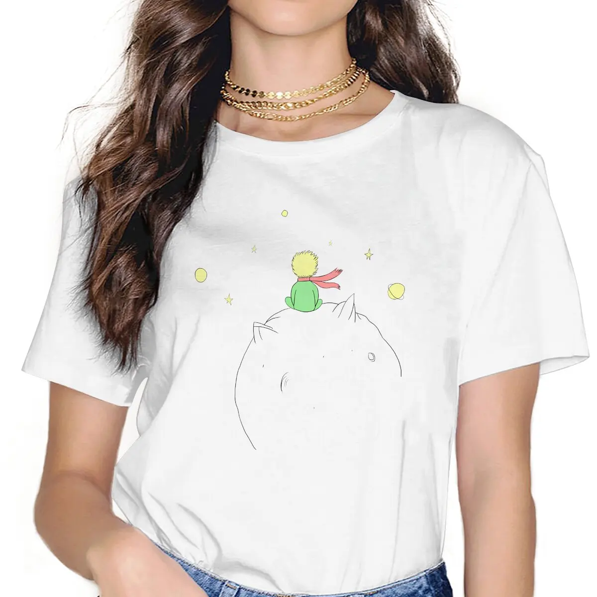 Cute Women's T Shirt Little Prince Fox Cartoon Ladies Tees Kawaii Polyester Tops Graphic Tshirt y2k Fashion