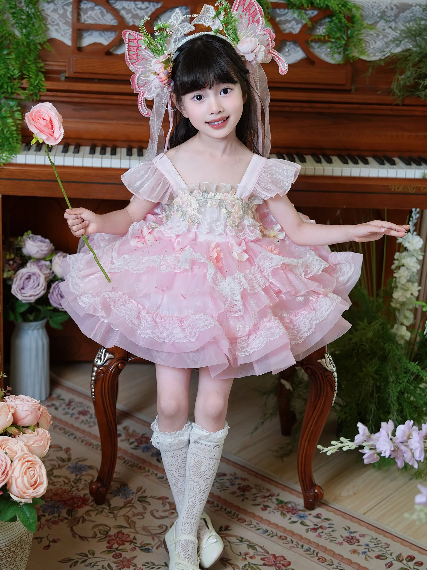 Vestido de Verão Lolita para Meninas, Saia de Princesa Fada, Algodão Macio e Respirável, Estilo com Zíper nas Costas, Saia Mi...
