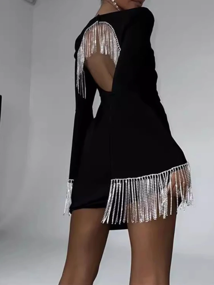 Europäisches amerikanisches Kleid mit Fransenbesatz für Damen, schwarzer Rückenausschnitt, Glockenärmel, figurbetontes Midi-langes Kleid für Party-Abendkleider