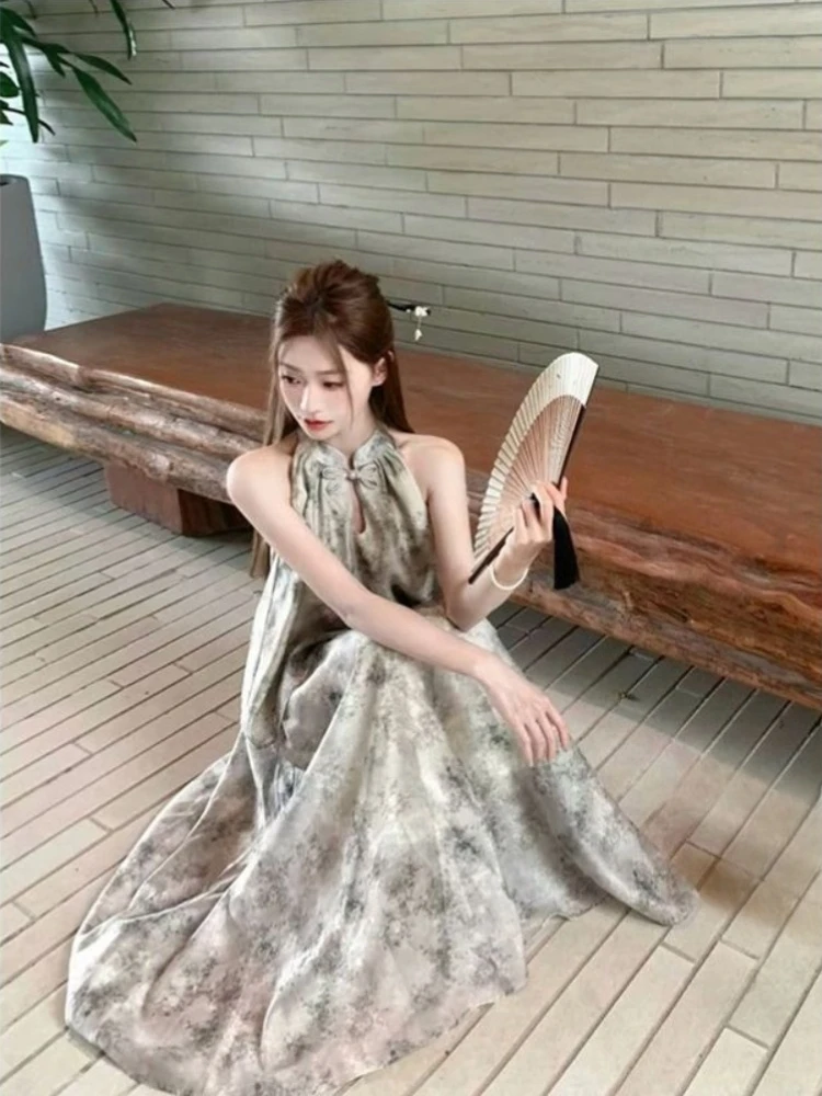 

Женский комплект из топа без рукавов с завязками на шее и юбки миди в китайском стиле, летний офисный повседневный наряд, свободный крой, элегантный комплект из двух предметов