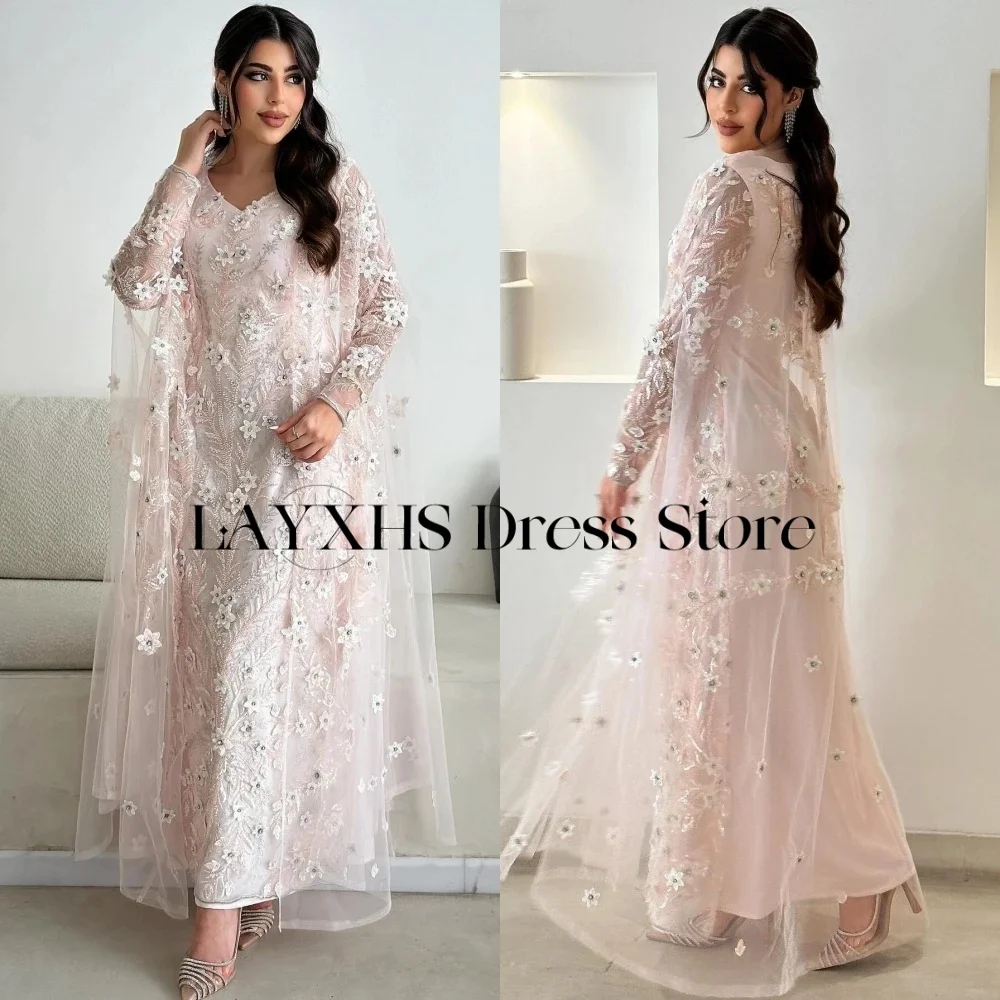 LAYXHS Requintado Vestidos de Noite com Decote em V Rosa Renda Applique Frisado Tule Tornozelo-Comprimento Vestido de Baile Personalizado فساتtessori