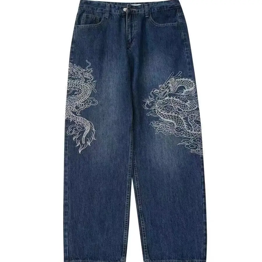 American niche original new trousers embroidered dragon pattern jeans loose Korean style casual college style retro y2k pants