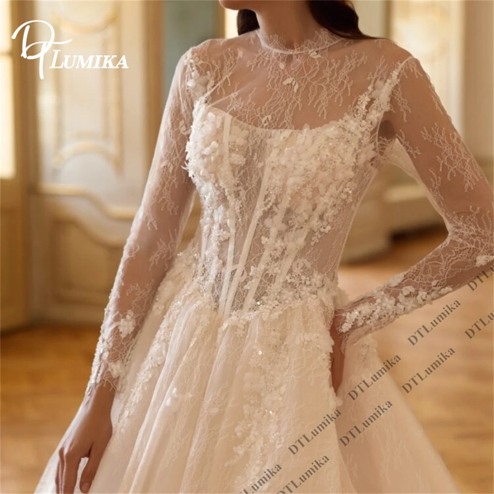 DTLumika Romantic Long Train Lace Bride Dress with Lace Corset Sheer High Neck Full Sleeves Customized Wedding Dresses Bridal