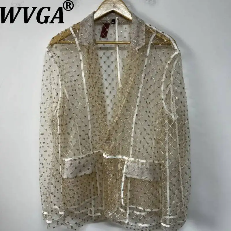 WVGA Summer New Men Gold Embroidered Sequin Sheer Mesh Trendy Design Layered Personalized Jacket Niche Chic Casual Blazer W26008