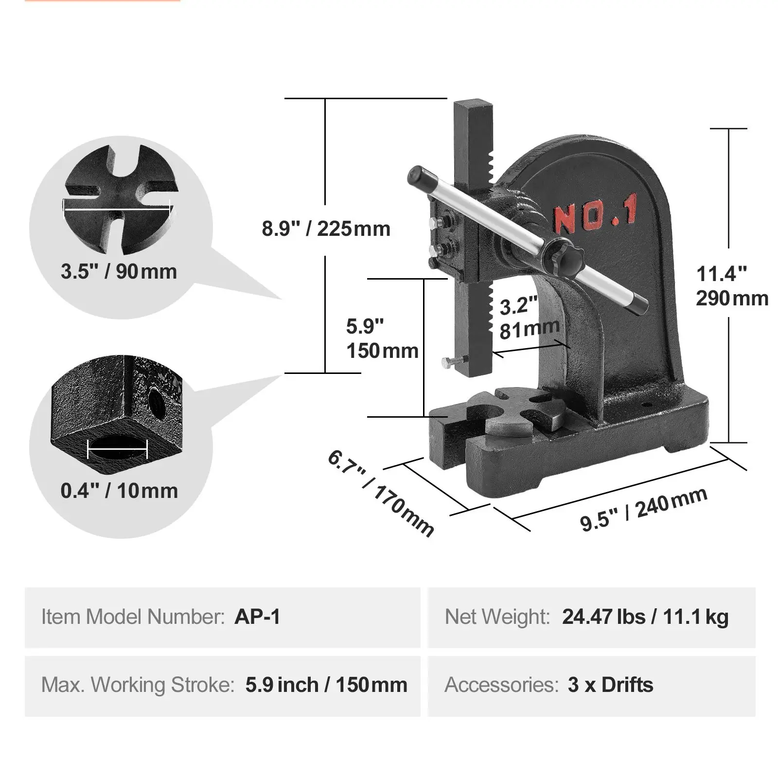 Arbor Press, 1 Ton Manual Arbor Press, 5.9