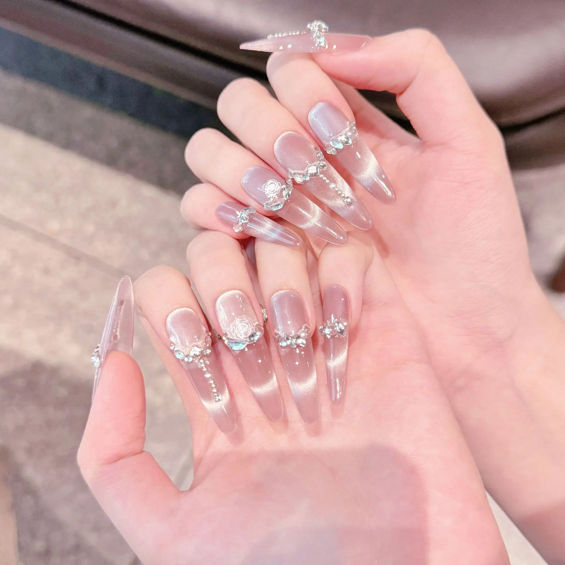 10PCS Handmade Press on Nails, Fairy and gentle wind, gradually exposed, full of high level sense of flash drill chain.