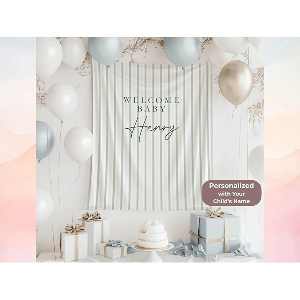1pc  Personalized Welcome Baby Backdrop Tapestry, Custom Baby Name Striped Party Backdrop for Baby Shower Decorations