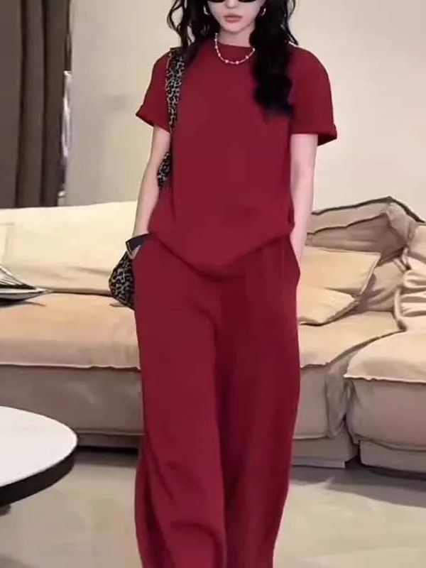 

Комплект спортивной одежды больших размеров для женщин, красный ор Све, повседневные летние брюки из Гонконга с широкими штанинами, со скрытым прививанием мяса