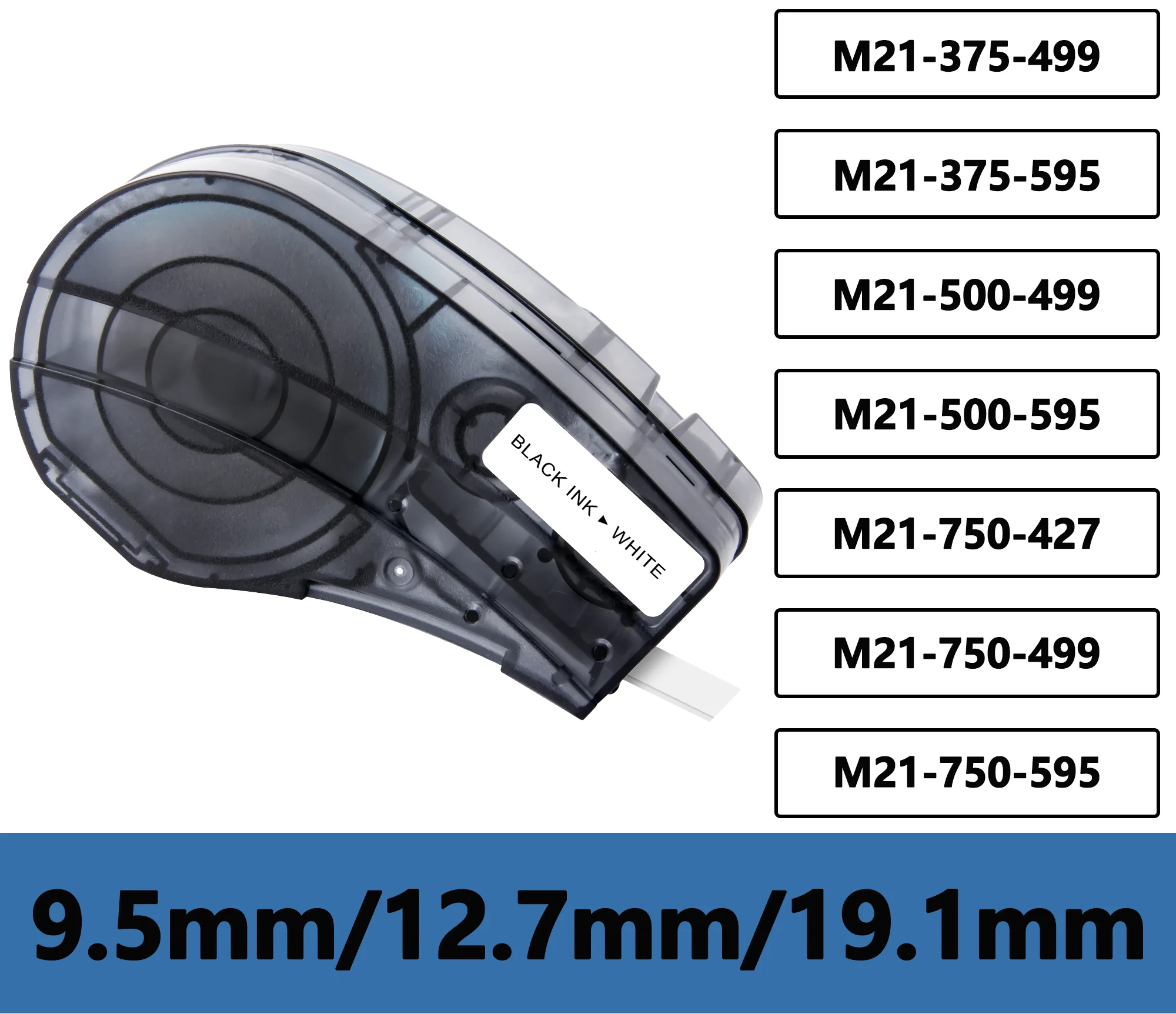 Weemay 4PK Label Tape Compatible M21-375-499/595 M21-500-499/595 M21-750-427/499/595 9.5mm 12.7mm 19.1mm Black on White Tape