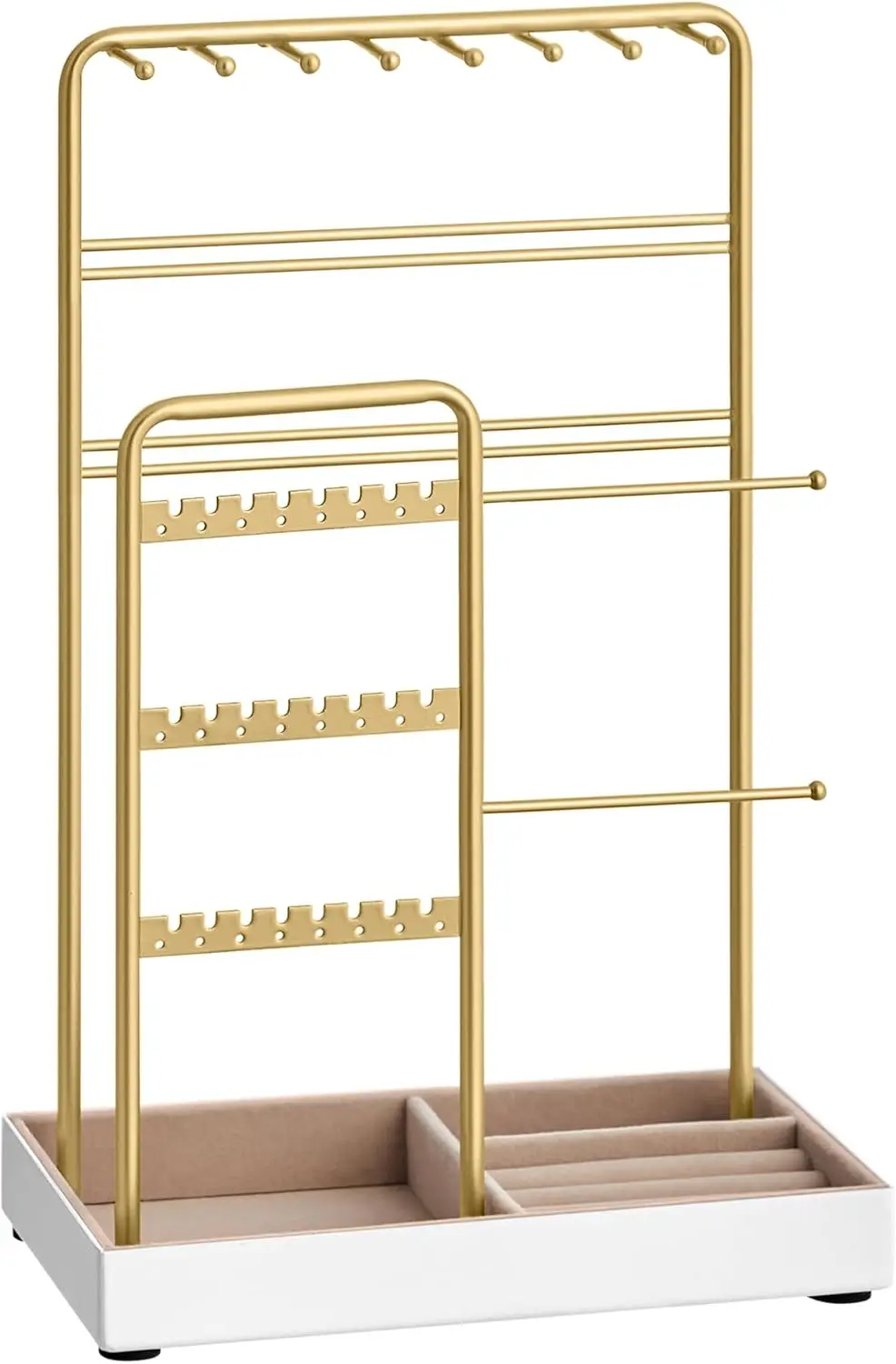 

SONGMICS Necklace Holder, Jewelry Stand Holder Organizer, Jewelry Display with Metal Frame, Velvet Tray, Earring Bracelet Holder, for Gift Idea, 4.5 x 7.7 x 12.1 inch, Pale Gold UJJS021A01