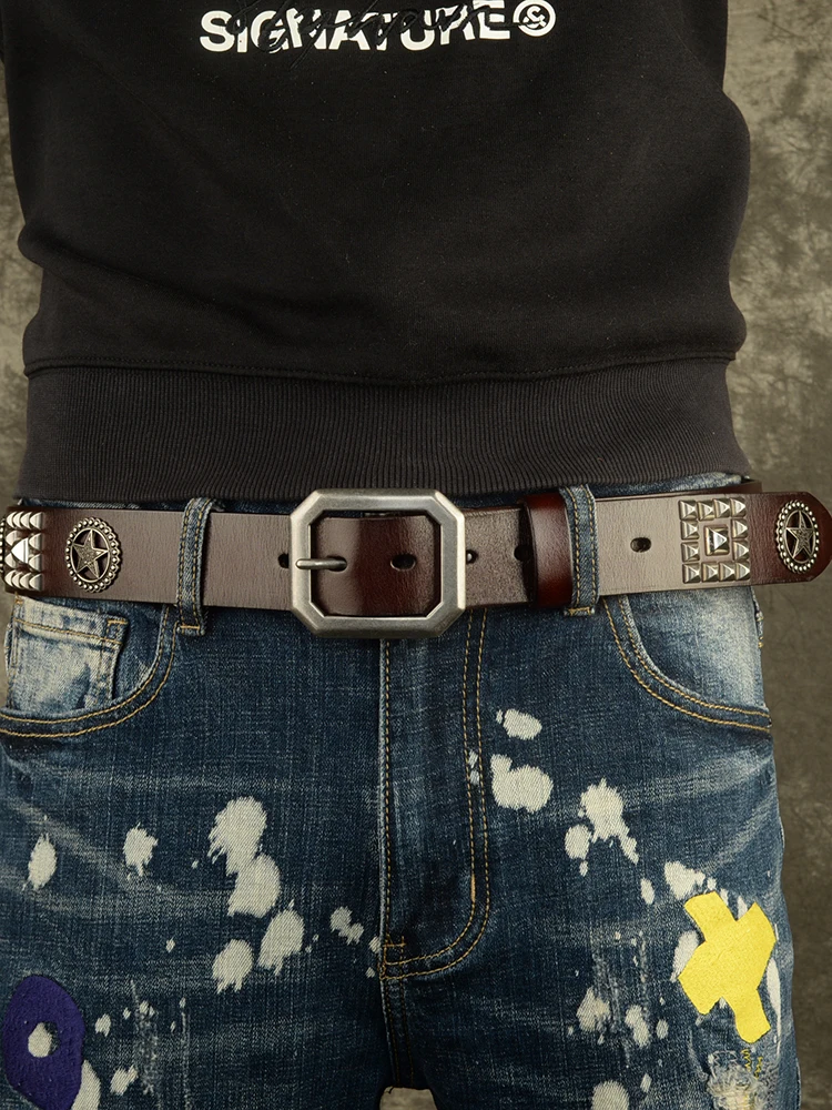 High Quality Men Belts Top Full Grain 100% Top Grain Real Genuine Cowskin Leather Rivet Pin Buckle Jeans Belt With Holes