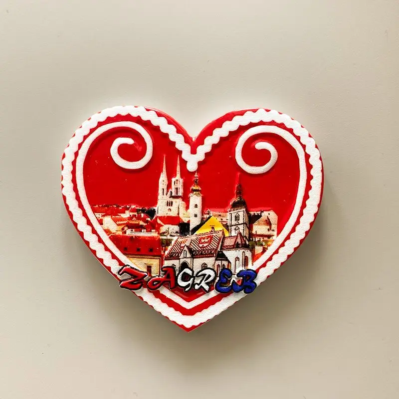 

Croatia Travel Souvenirs Zagreb Heart-shaped Building 3D Painted Refrigerator Magnets Home Decorations
