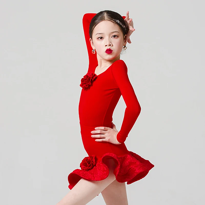 Kids Girl Latin Dance Red Long Sleeve Bodysuit and Jacquard Fishbone Skirt Training Ballroom Dancewear Competition Costume