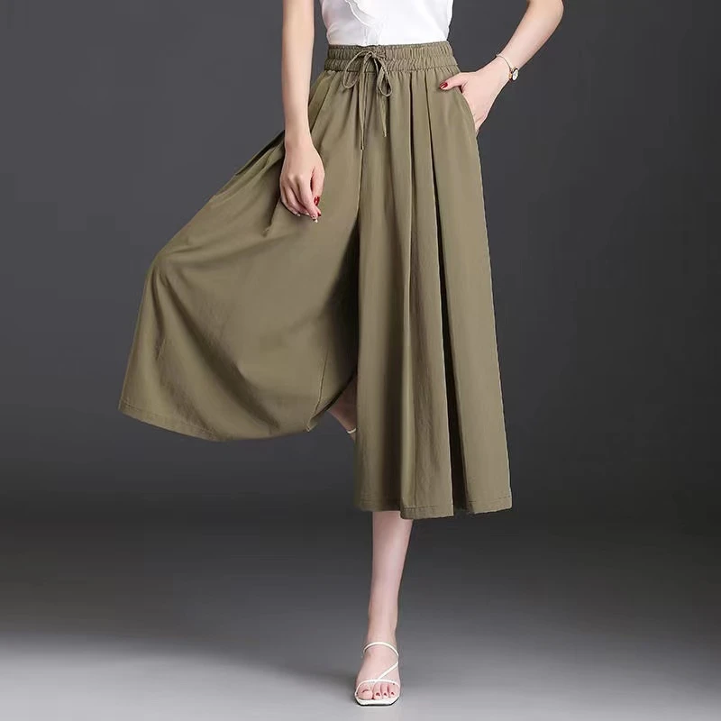 Ice Silk Wide Legs High Waist Summer Thin Women's 2024 Pocket Fashion Solid Color Seven Point Casual Drop Feeling Skirt Pants