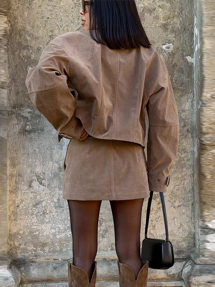 Urban Suede Women's Coat Skirts Suit Long Sleeve Stand Collar Zippers Top Mini Skirt 2026 Autumn Chic 2 Pieces Set Women New