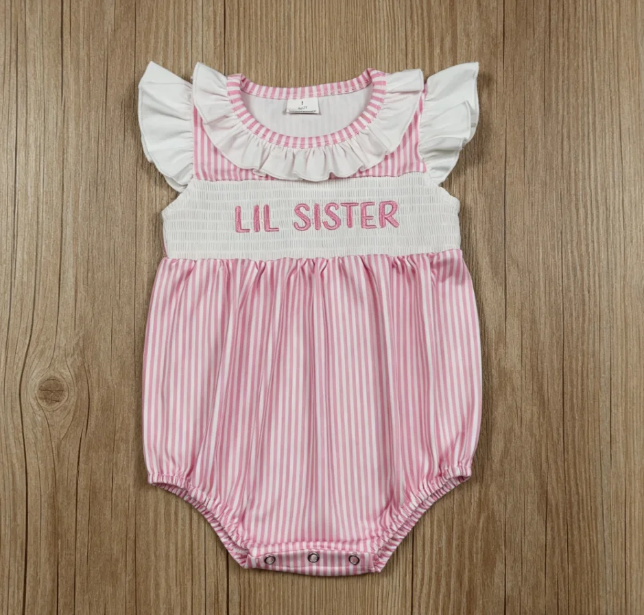 Wholesale Toddler Kids Embroidery Sister Clothes Newborn Short Sleeves Stripes Bubble Romper Baby Girl Children Summer Clothing