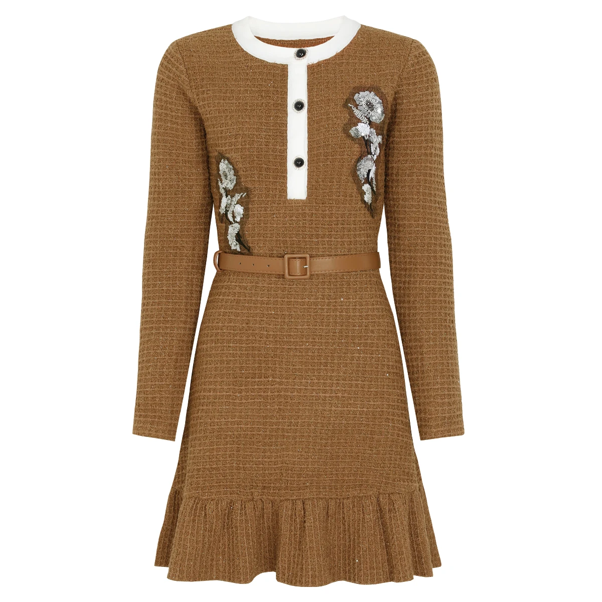 

26146 Spring Autumn Fashion Women Long Sleeve Knitted Dress Embroidered Waist Detail Slim Fit Temperament Office Casual Outfit