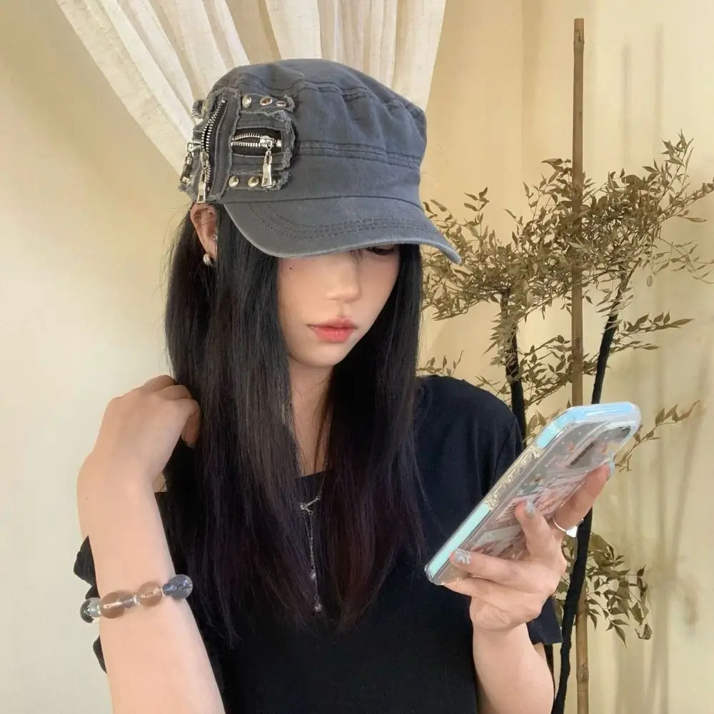 Casual Cloth Rivet Denim Beret Y2k Zippers Metal Rivet Flat Top Hat Washed Cotton Fashion Newsboy Cap Girl