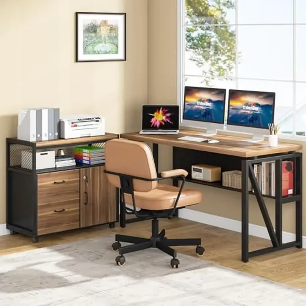 

55" Computer Desk with Storage Rack Mobile Cabinet Executive Home Office Furniture Set Sturdy Metal Frame Thickened Desktop