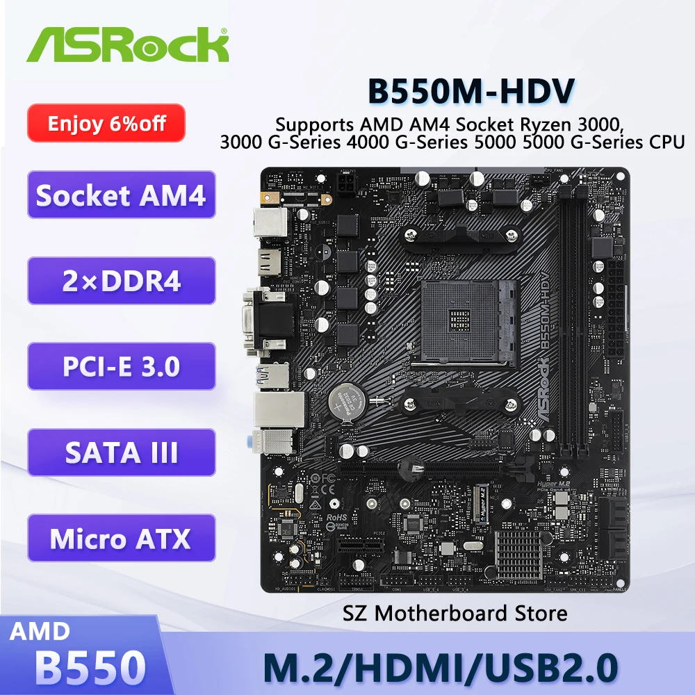 

ASROCK B550M-HDV AMD B550 AM4 Motherboard For AMD Ryzen 7/5/3 5800X 5700X 5600X 3200G CPU DDR4 M.2 USB2.0 Micro ATX Mainboard