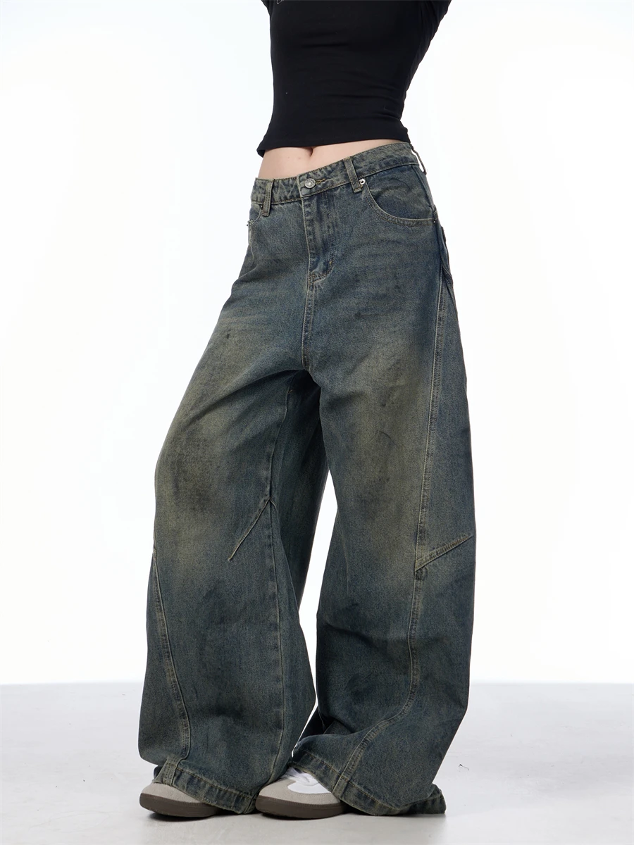 

Ретро американские широкие джинсы с ножом, женские повседневные дизайнерские джинсовые брюки свободного кроя, осенние модные синие