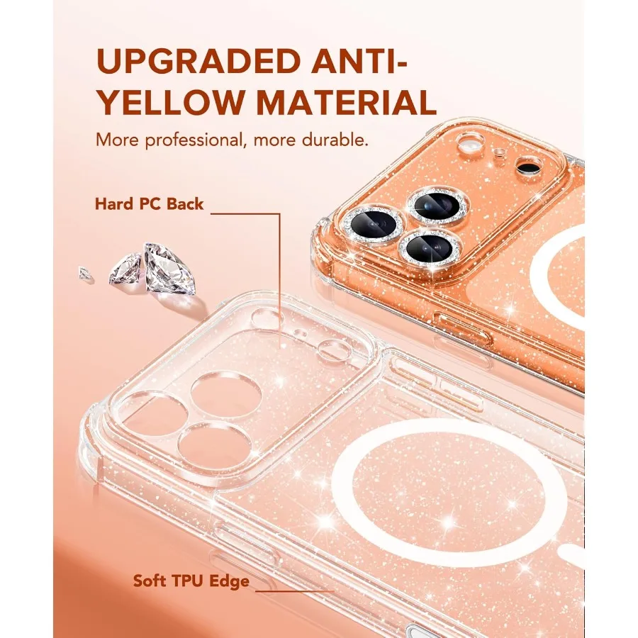 Étui de protection transparent scintillant pour iPhone 17 Pro pour femme, compatible avec MagSafe, conception antichoc avec technologie anti-jaunissement