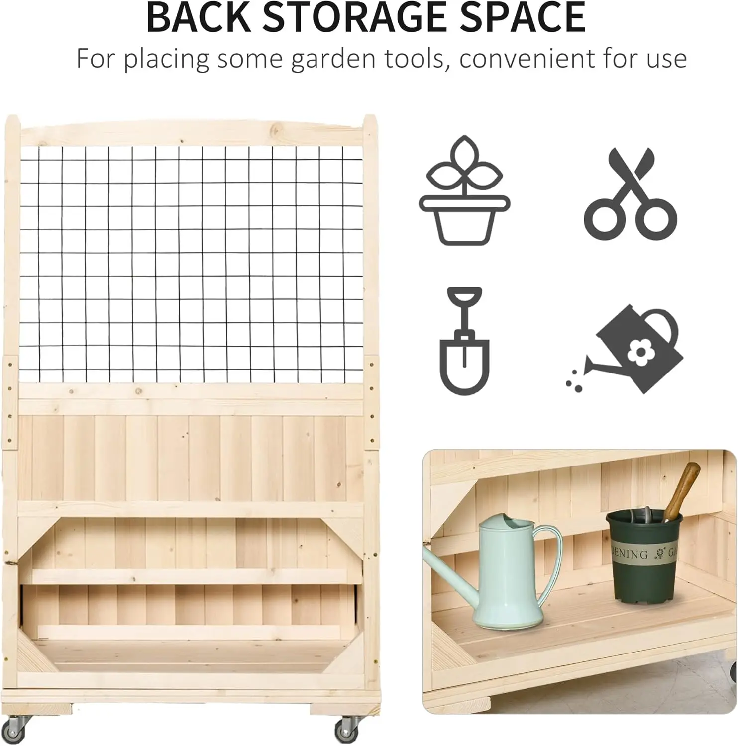 Outsunny-Lit de jardin suréWerà 3 niveaux avec treillis, jardinière verticale de 53 po H avec roues et zone de rangement arrière, pour fleurs