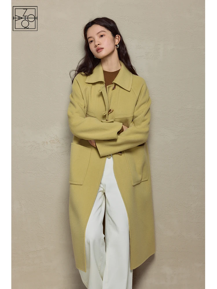 ZIQIAO College Style Vintage Horn Button Double-sided Pure Wool Coat for Women 2023 Winter New Green High-end Woolen Coat Female