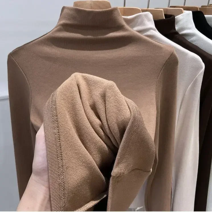 

Женская утолщенная трикотажная базовая рубашка с высоким воротником на флисовой подкладке, модная осенне-зимняя внутренняя одежда, универсальный топ с круглым вырезом