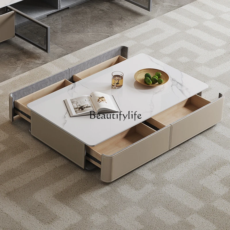 Saddle leather coffee table simple modern living room household storage solid wood rock slab rectangular floor cabinet small