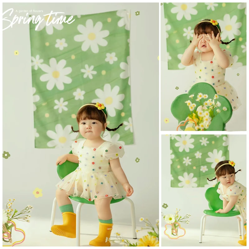 

Childrens photography props green daisy pattern background simulation flower one year old baby photo ornament bebê 신생아사진