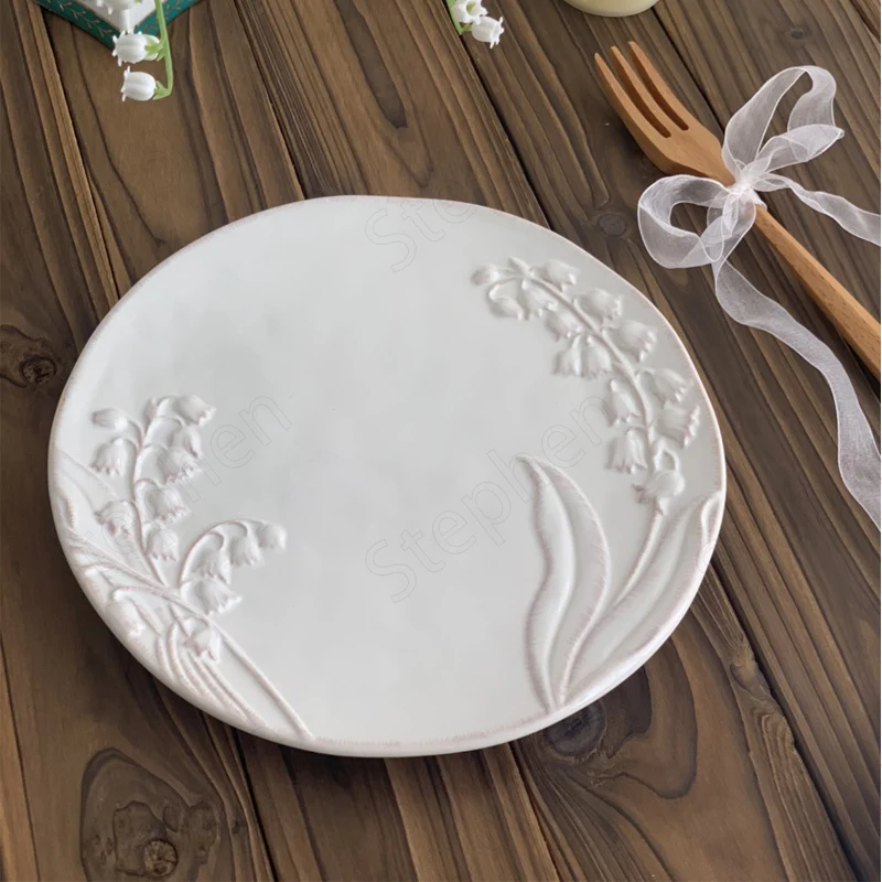 French Embossed Lily of The Valley Dinner Plate European Classical White Cake Dessert Plates Afternoon Tea Bread Dish Tableware