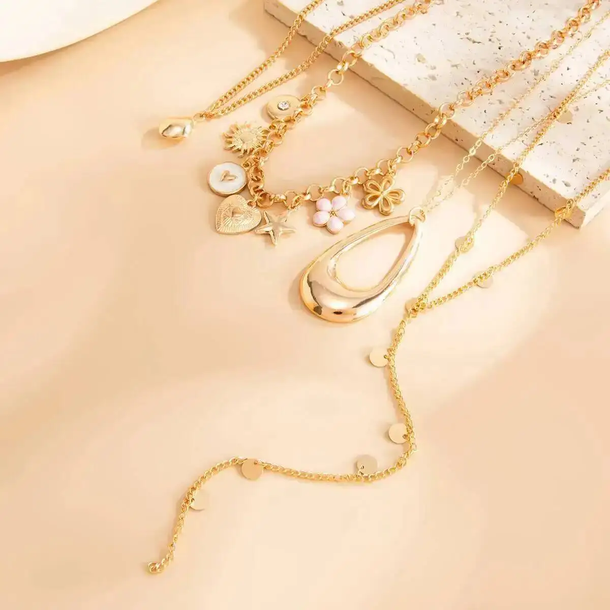 KunJoe 4 Pcs/set Bohemian Creative Oil Drip Metal Flower Heart Sun Pendant Necklace Women Trendy Gold Color Chain Jewelry Gifts