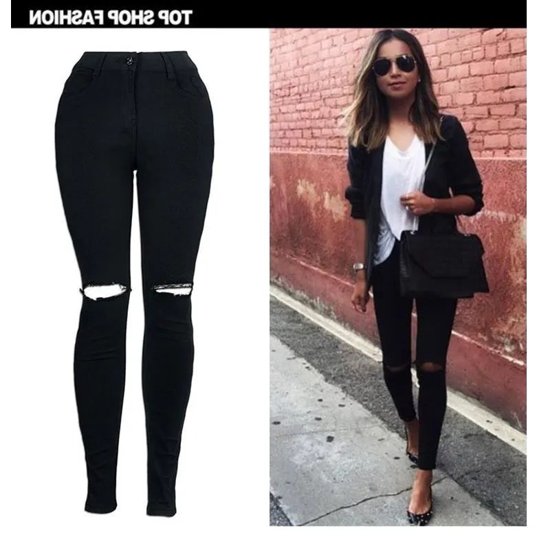 

Ladies High Waist Elast Ripped Jeans Faionable Cotton Stretch Denim Pants Long Trousers Deep Color Lead Pen Sle 380