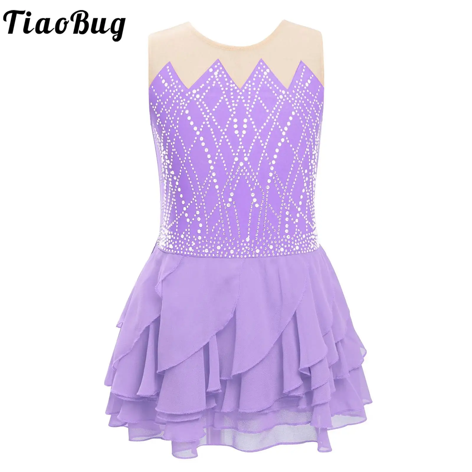 Teen Girls Ballet Dance Figure Skating Costume Shiny Rhinestones Sleeveless Mesh Dress Leotards Rhythmic Gymnastics Dancewear