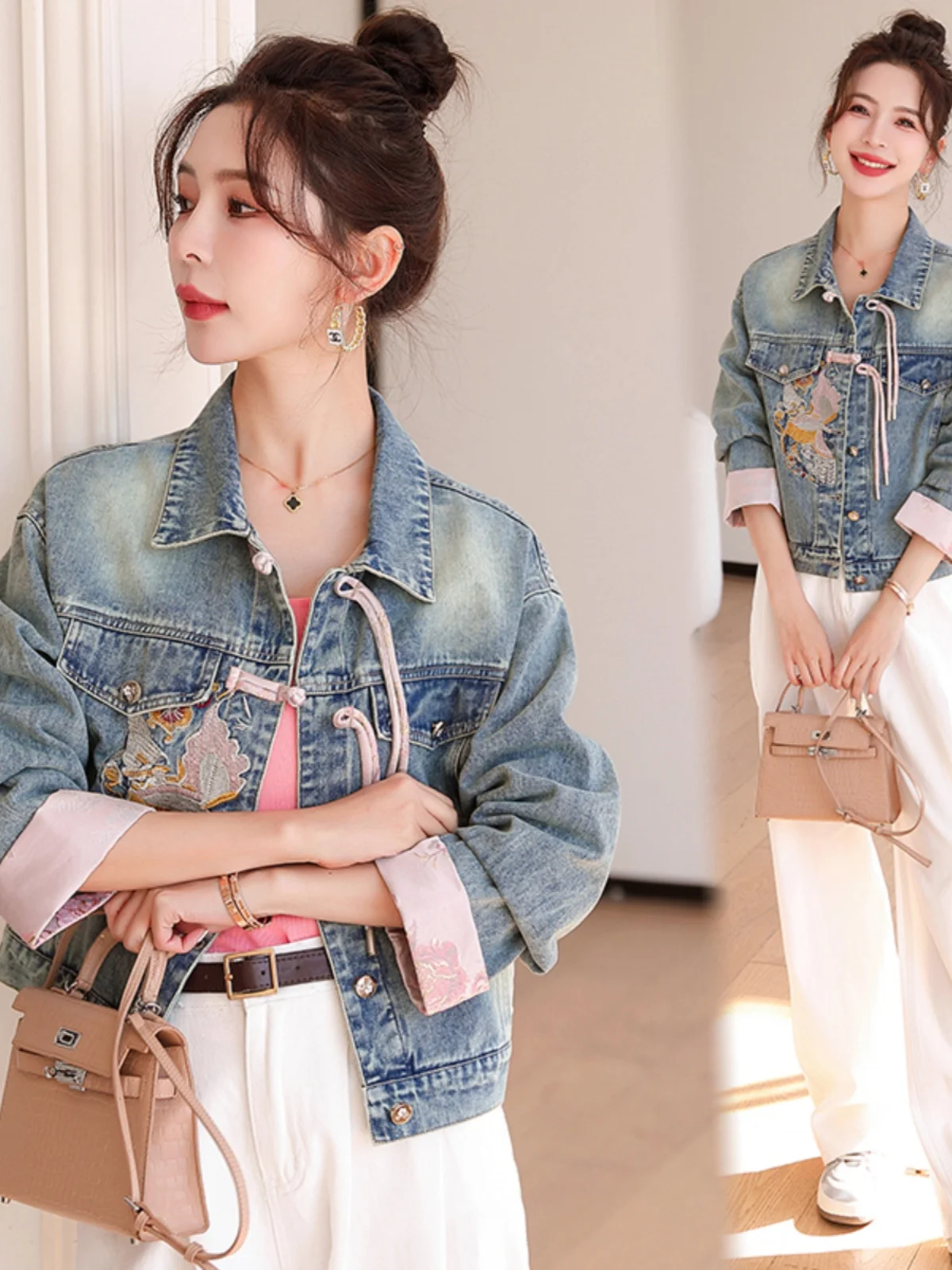 Neue chinesische Sle ort Jeans Jaet Damen Frühling Herbst Anti-Aging Label Cut-off Denim Mantel Loose Fit Long Sve