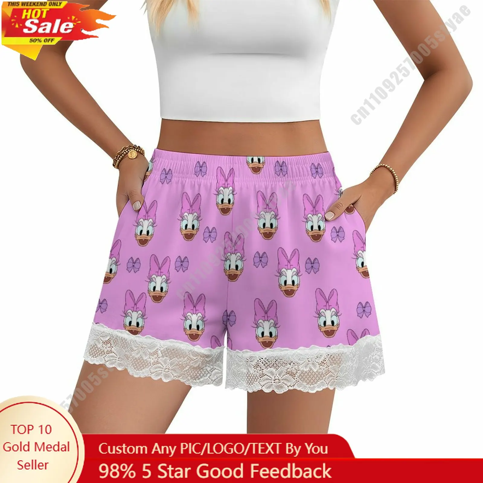 

Daisy Duck Short Pajama Pants Disney Cartoon Women Summer Lace Trim Thin Panties Custom Loose Home Casual Shorts