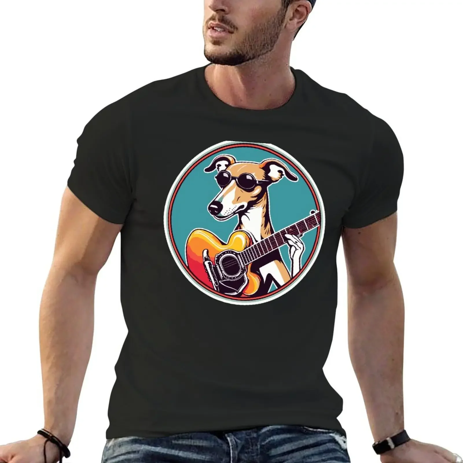 Whippet in Sunglasses Playing Guitar T-Shirt cheap stuff tops baggy shirts t shirt men 100℅ cotton