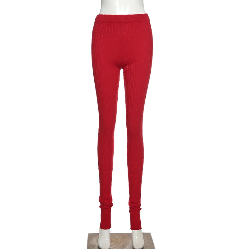المرأة محبوك تويست منتصف الخصر Pants غير رسمية ، الجانب مفتوحة ضيق السراويل الرياضية ، أحادية اللون ، الخريف والشتاء