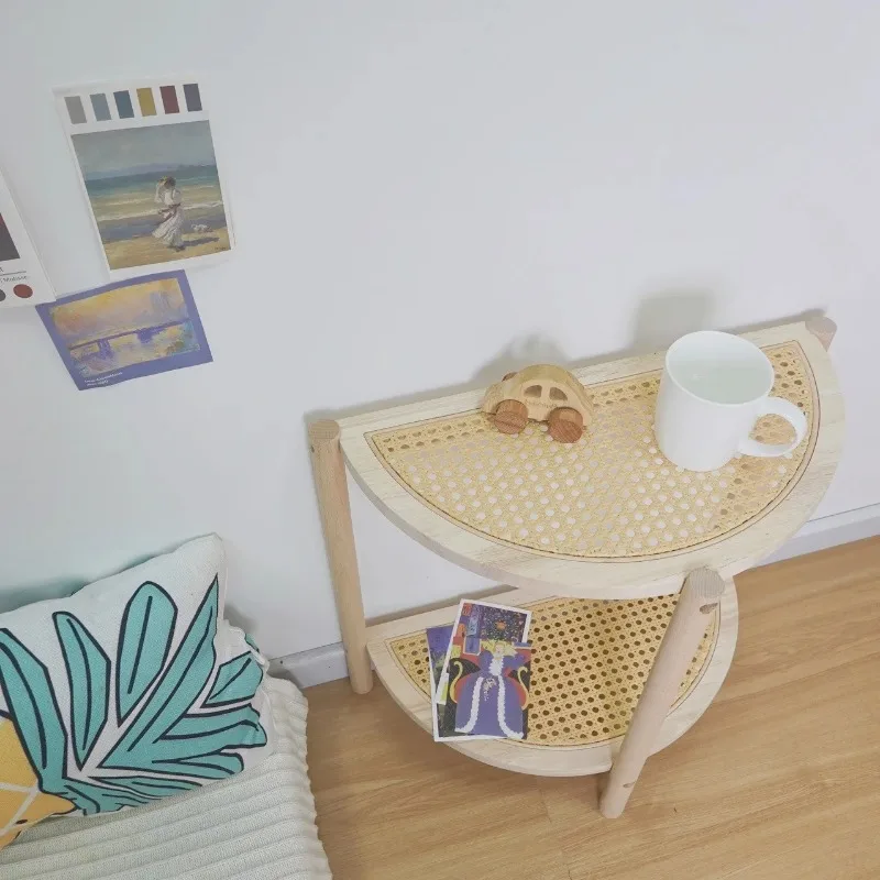 Rattan Wood Bedside Cabinet Small Half-Round Tea Table INS Style Bay Window Side Table Modular Storage for Guesthouse