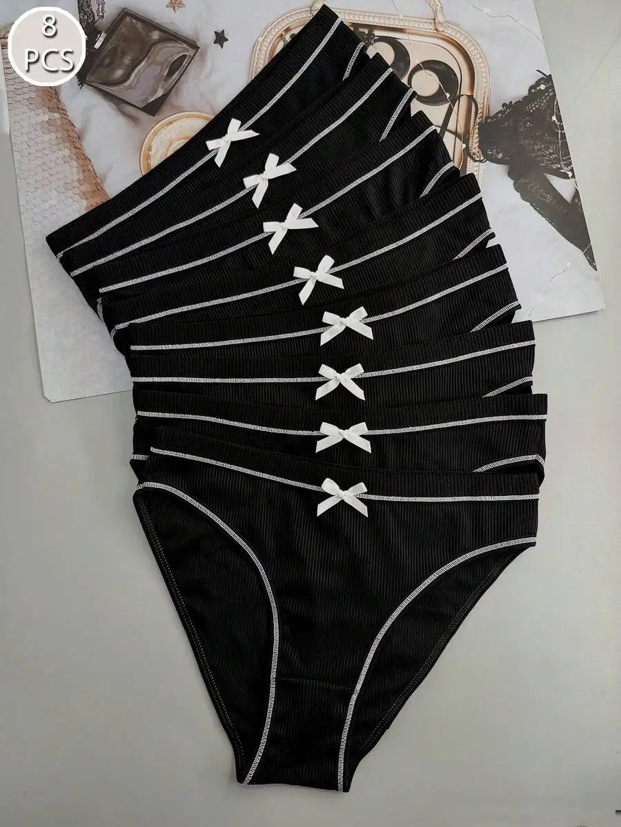 

8 Pcs Womens Black Ribbed Triangle Panties With White Bow Decoration