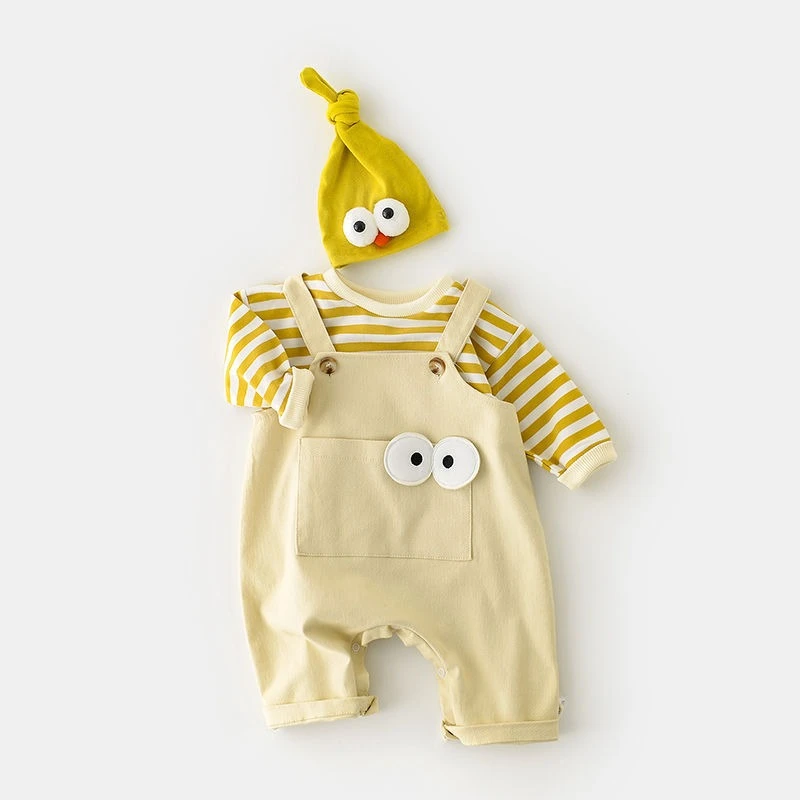 Unisex Baby Spring-Fall Romper Set with Hat Infant Cute Striped Top & Cartoon Eyes Overalls Halloween Outdoor Stylish Outfit
